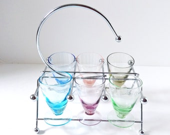 Shot Glass Holder with 6 colored glasses, Chrome ball feet Swank Caddy Liqueur Set Vintage Bar Carrier Mid Century Barware Glassware Gift