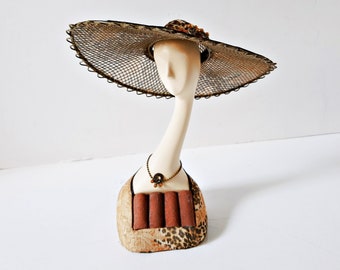 Lady Ring Holder, Large Brimmed Hat, Leopard Print, Ring Roll Organizer, Boudoir Vanity Decor, Long Neck Bust of Lady vintage jewelry holder