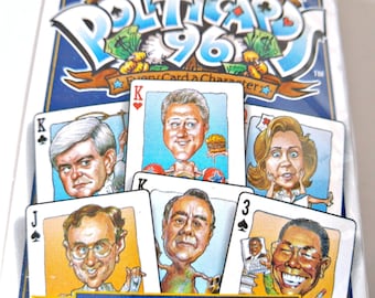 Politic Cards 1996 Hilarious Caricatures, playing cards, deck of cards, stocking stuffer unopened Clintons, Limbaugh, 54 full color faces.