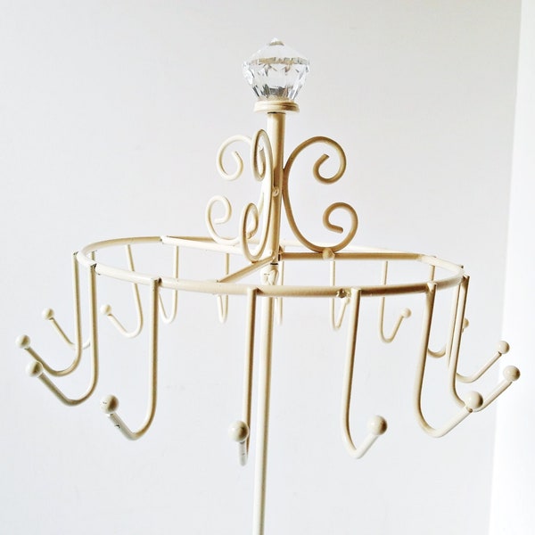 Metal Necklace Tree, stand holder rotates, glass knob finial, hanging jewelry hooks, 15 inches tall, white cottage chic, vanity display