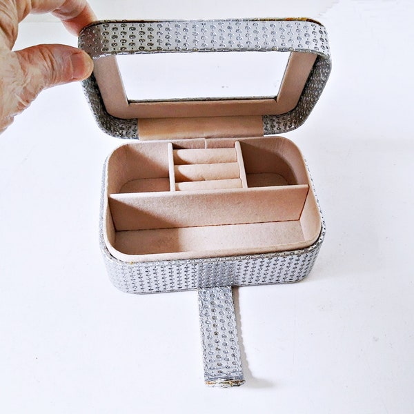 Travel Jewelry Case, Silver Glitter Box, See Through Lid,  Ring Rolls Earring sections, Dresser Organizer Beige Valet Box Domed Closure gift