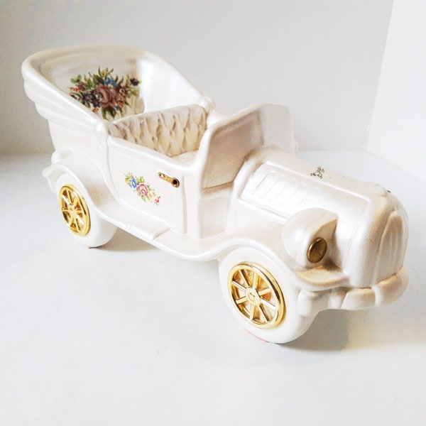 Antique Convertible Car by Berger Ceramics of Italy Gold Wheels flowers Rhinestones, Trinket Dresser Box, pearlized White Jewelry Holder