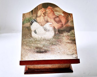 Wood Wall Box Holder, Kitchen Chicken Rooster,  Folk Art Hens, Vintage wall pocket kitchy trinket recipe box