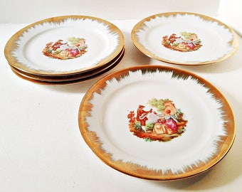 Italy Dessert Plates, Fragonard style courting couple, five luncheon dishes, gold edged plates, Victorian Dinnerware, ideal gift plates