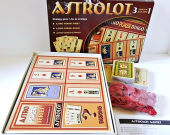 Vintage Astrology Game Astrolot Poker Black Jack and Bingo 12 game boards, 3 decks cards, bingo chips instructions family game cartomancy