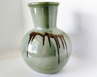 Blue Mountain Pottery Celedon Glaze Vase Conemporary Decor, 1980s Drip Glaze, Fine art pottery Red Clay Vase BMP Canadian Pottery wide mouth