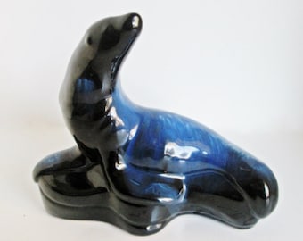 Blue Mountain Pottery Sea Lion, Seal on a Rock, Home Decor, Blue Black Drip Glaze, Red Clay Animal, BMP Canadian Pottery 1992 to 97