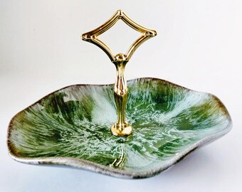 Blue Mountain Pottery Georgian Bay Green Tidbit Dish, Candy Appetizer Bowl Buffet Serving, Unique Drip Glaze, Red Clay, BMP Canadian Pottery