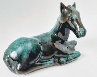 Blue Mountain Pottery Sitting Colt Animal Home Decor, Traditional Green Drip Glaze made of Red Clay, Horse Collection, BMP Canadian Pottery