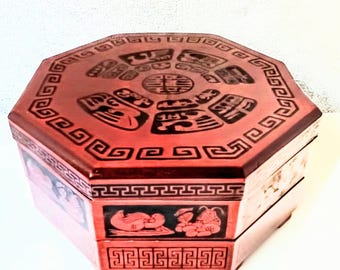 Wedding Lacquer box, Jewelry 2 Tier Chest, Sculpted Red Octagon  12 inches by 6 inches high  Handmade Hand carved Jewelry or Serving Trays