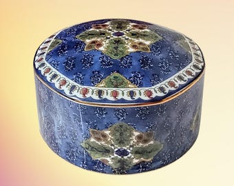 Boîte à bibelots en porcelaine Takahashi Imari Samarkand, bocal à bijoux bleu, blanc et or