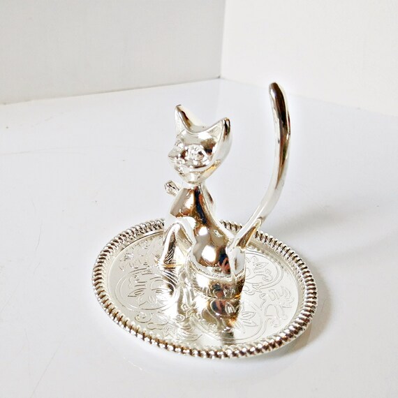 Silver Cat Dish, Kitten Ring Holder, Long Tail Ri… - image 3