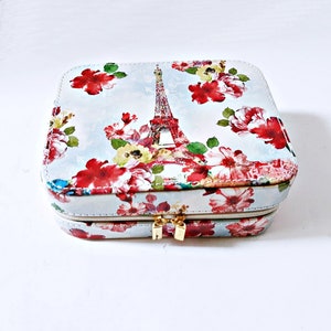 Boîte à bijoux avec fermeture éclair, pochette, rouleaux de bagues, tour Eiffel glamour, pochette bleu rouge, intérieur beige doux, boucles d'oreilles, bagues, bijoux