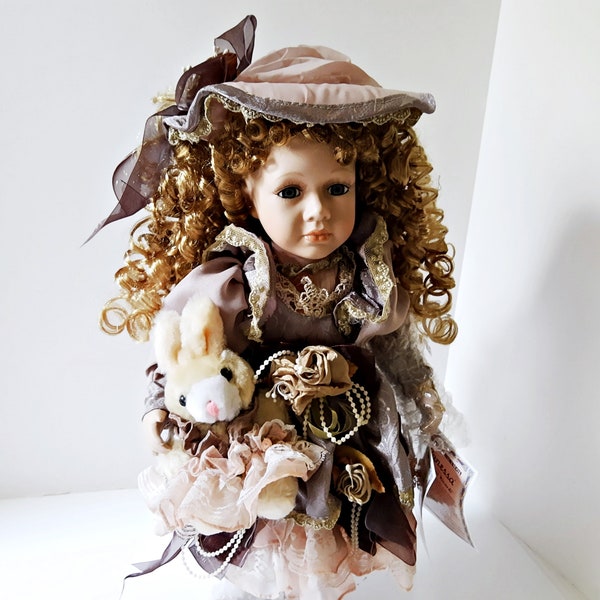 Vanessa Ricardi Doll fine porcelain doll Limited Edition, Metal Display Stand, handmade hand painted, 17 inches original outfit,  rabbit toy