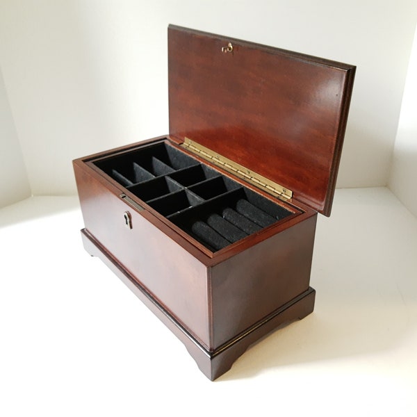 Jewelry Box Chest, Bombay Company Box, mahogany wood dresser chest, removable tray, ring rolls earring organizer, letter photo chest footed