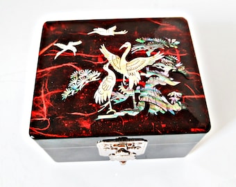 Chinese Lacquer box, Wood Jewelry Box,  Mirror Red In and Out, mother of pearl birds, Red Lacquer Box, turtle latch, Trinket Chest Oriental