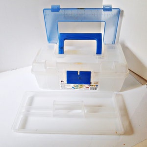 Peut inclure: Une boîte de rangement en plastique transparent avec un couvercle et une poignée bleus. La boîte a un plateau amovible avec des compartiments. La boîte porte une étiquette indiquant "One Size Fits All".