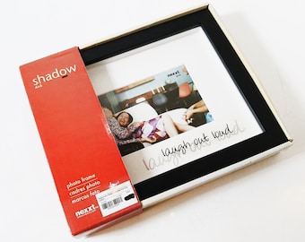 Wood Shadow Box Photo Frame holds 6 by 4 inch picture or treasure, caption on the glass, tabletop vertical or horizontal, wall mount horizon