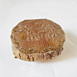 Vintage Jewelry Casket Dresser Trinket Box Metal Footed Hinged Lid Red Lining repousse parlor scene Games Room Chess Victorian dresser decor image 3