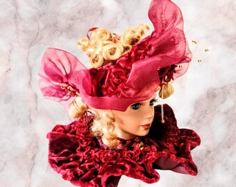 Dandee  Holiday Elegance Victorian Doll Head Tree Ornament hand Painted Porcelain Face 1990s Blonde Ringlets Burgundy Hat