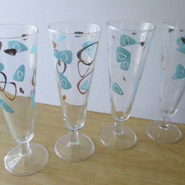 Amoeba Aqua Gold Boomerang Four Vintage Pilsner Glasses Federal Glass Shot Glass Atomic Mid Century Modern