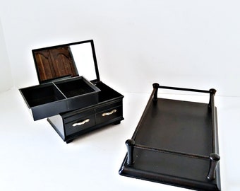 Black Vanity Makeup, Tray and Jewelry Box, Rectangle Storage, Black Metal Rails, Mirror removable tray, Minimalist Vintage Boudoir Set