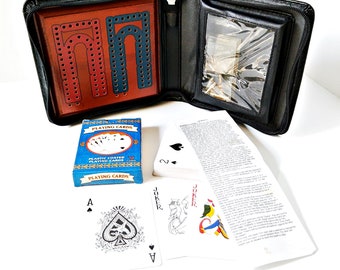 Cribbage Board Game, Zippered Travel Case, Faux Leather, Complete with wood board, metal pegs and deck of cards, holes for tracking games