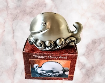 Whale Money Bank Savings with stopper, Vintage Silver Plated, 4 inches long, large money slot, baby piggy bank,