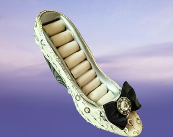 Shoe Ring Holder, white and black solid heel pump, silver sequence, Ring Roll Organizer,  bow and jewels, nightstand vintage jewelry holder