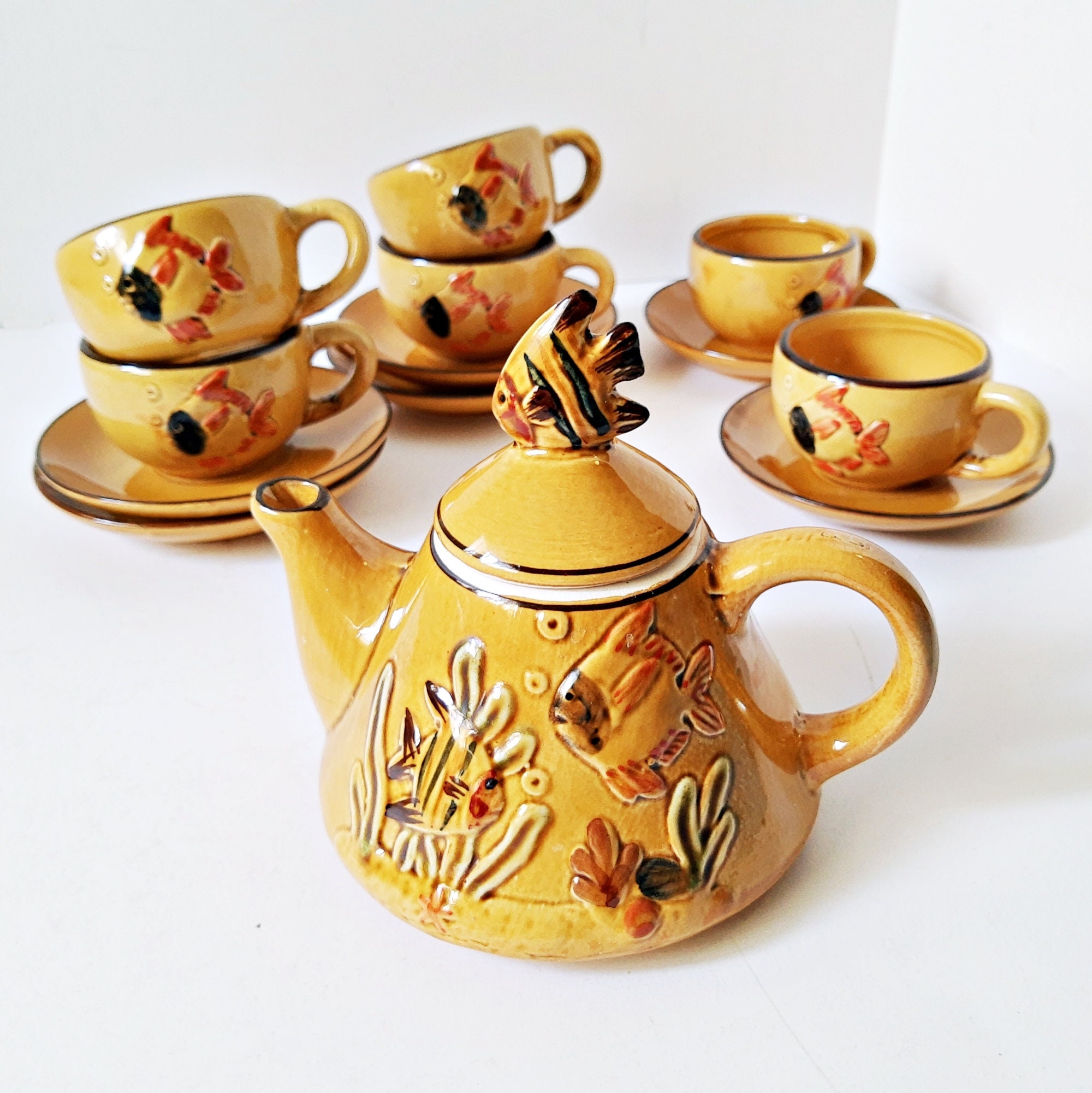 Dipinto Amano Italy, Hand Painted Chocolate Espresso Set, Pot With