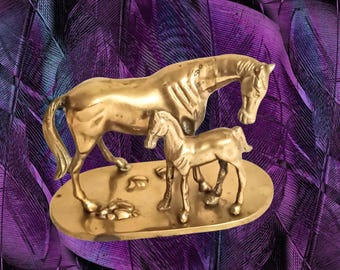 Penco Solid Brass Mare and Foal Horse Figurine Equestrian Pony Fine Art Sculpture, Unique Paperweigt Office Decor