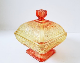 Covered Compote Jeanette Acorn Pattern red yellow Amberina Glass Vintage Footed Square Bowl Lidded Candy Dish