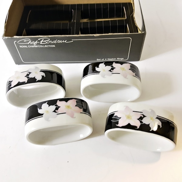 Napkin Rings, Royal Charm Collection by Chef Bordeau, White Black and pink, elegant napkin holders, four piece boxed set, stocking stuffer