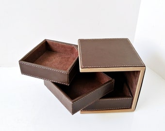 Faux Leather Tiered Swivel Jewelry Box, Square cube shaped swing Organizer, layered dresser Box, Valet jewelry case, Indigolife stitched box