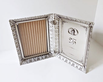 Filigree photo frame Metal picture frame, 25th Anniversary plate, holds 5 x 7 inch photo, tabletop or wall hanging loops, floral design