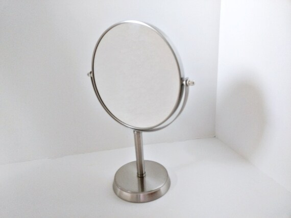 Swivel Vanity Mirror Tilt Silver Metal Makeup Shaving Standing Two Sided Magnified Tall Chrome Large Round Heavy Based