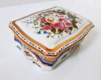 Vintage Limoges Jewelry Holder Trinket Dresser Box, footed and lidded, vanity Royal Blue and gold gilt, pink rose floral, Porcelain Ceramic