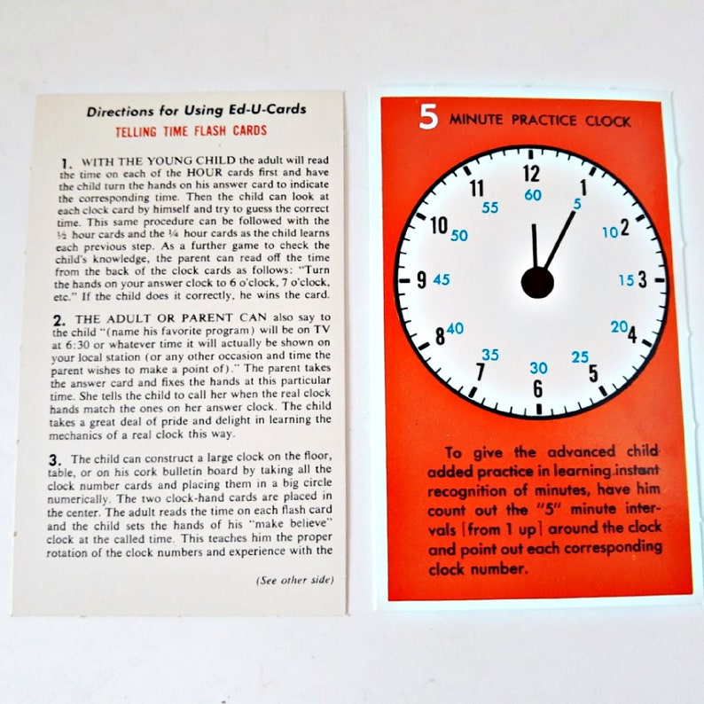 Telling Time Cards Ages 5 to 9 Flash Cards Answer Clock Etsy