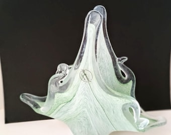Murano Art Glass Basket Bowl: Light Green Swirl, Italcristal Italy