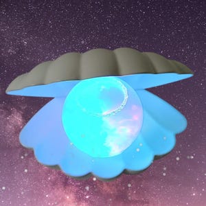 May include: A seashell-shaped night light with a glowing blue interior and a pearl-like orb in the centre. The shell is light blue and grey, with a starry background. The orb emits a soft, colourful light.
