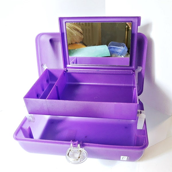 Caboodles Train Case, Makeup Organizer Box, Purple Jewelry Case, 2622 Cosmetic Travel, Vanity Mirror Beauty Supplies Tray Hipster Purse