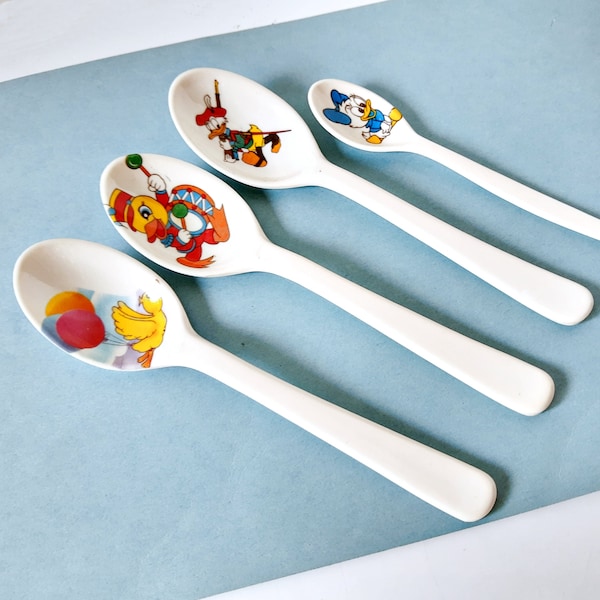 Disney Fataco Spoons, 4 childrens spoons,  Vintage Donald Duck, includes baby spoon, Chick Bird Spoon, Melmine Dinnerware Kids Mod Luncheon