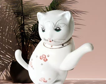 Lucky Cat Teapot,  country pink and white porcelain transfer ware, vintage elegant tea pot, one cup serving 5 oz