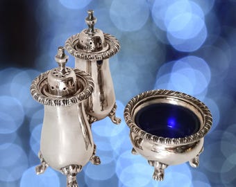 Silver Plated Salt and Pepper Shakers, Mustard Pot or Salt Cellar with Cobalt Blue Glass Liner