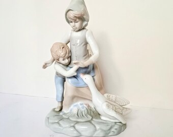 Vintage Porcelain Figurine Avoiding the Goose, Girl Boy and Goose, Glossy Glaze Collectible 8-2269 Korea