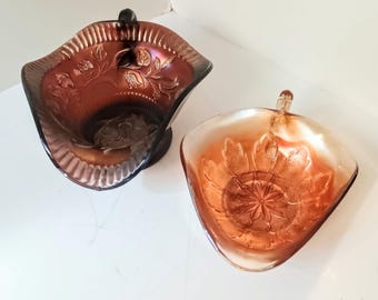 Dugan Windflower Carnival Glass Handled Nappy ,Two Bowls, Iridescent Dark Amber and Light Color