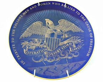 Commemorative Plate, Operation Desert Storm 1991, Fleetwood Collection designed by Jeffrey Mathews, Navy with Gold Tone, USA Armed Forces