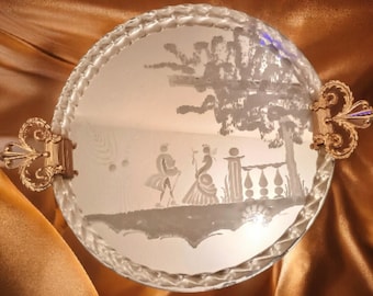 Murano Silhouette Figure Vanity Tray Reverse Intaglio Twisted Glass Rope, 14 inch Round Mirror Dresser Mirror Ornate Vanity Home Decorating