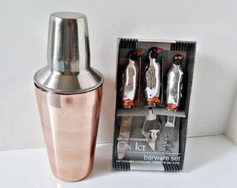 Cocktail Shaker Bar, Copper and Silver Finish Stainless Steel, with Penguin handled bar tools, built in strainer fun entertaining barware
