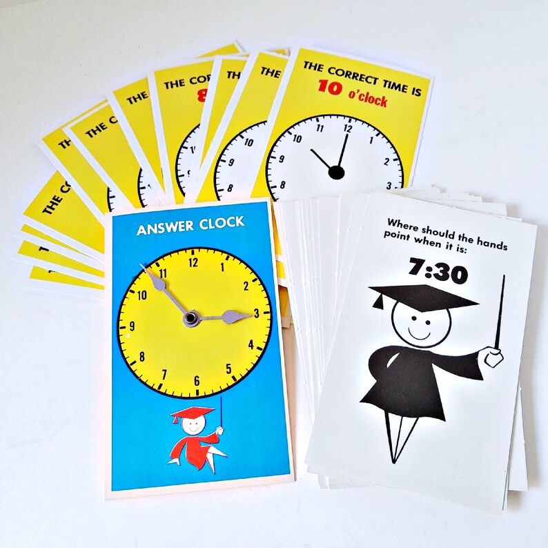 Telling Time Cards Ages 5 to 9 Flash Cards Answer Clock Etsy